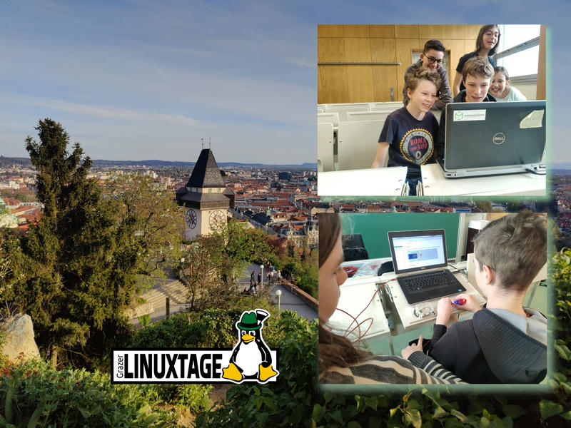 Collage mit einem Blick vom Schlossberg auf den Uhrturm und die Stadt im Hintergrund; im Vordergrund ein Foto von Kindern, die ein Breadboard bestücken und eines von Kindern, die an einem Laptop ein Spiel ausprobieren