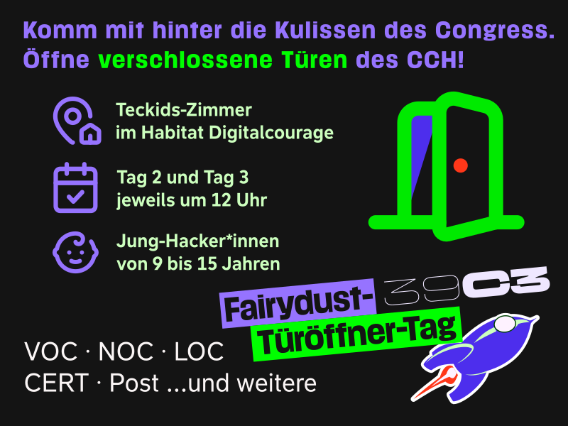 Sharepic für den Fairydust-Türöffner-Tag mit Informationen und der Fairydust-Rakete im Stil des 39c3-Artworks