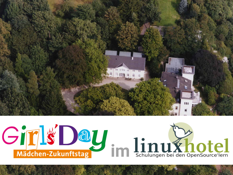 Collage mit einem Luftbild des Linuxhotels sowie den Logos von Girls' Day und Linuxhotel