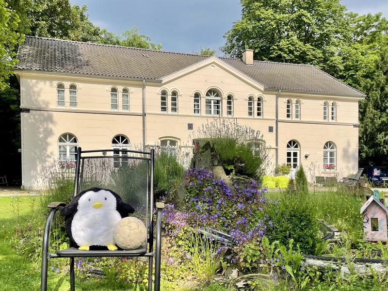 Das Linuxhotel und die Blumen der Lummerlandinsel in der Sonne, mit einem kugelförmigen Plüschpinguin im Vordergrund