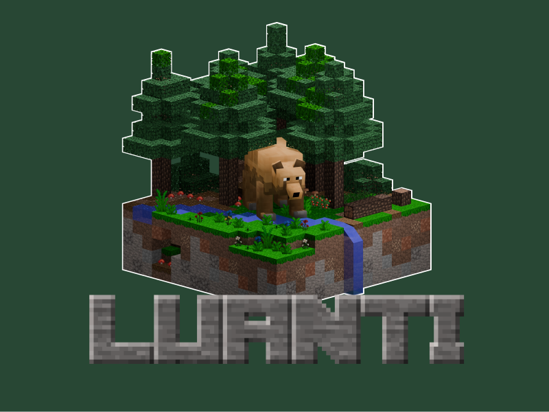 Grüner Hintergrund; eine isomorphe Voxel-Welt mit dichtem Wals, einem Fluss und einem überlebensgroßen Grizzly. Darunter der Schriftzug LUANTI im Stil des Minetest-Game-Logos.
