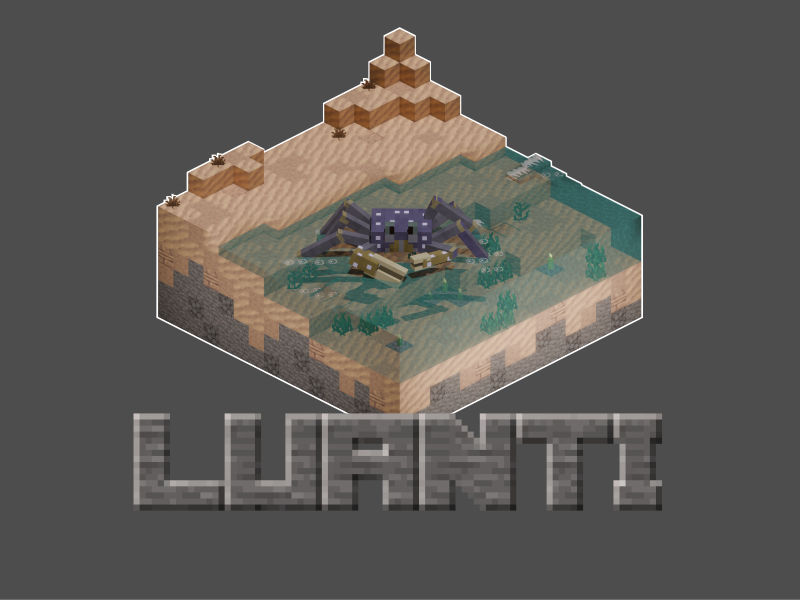 Grauer Hintergrund; eine isomorphe Voxel-Welt mit Sandstrand, Wasser und einer großen, grauen Krabbe. Darunter der Schriftzug LUANTI im Stil des Minetest-Game-Logos.
