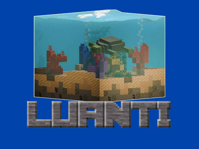 Blauer Hintergrund; eine isomorphe Voxel-Welt mit Wasser, Wellen, Unterwasserpflanzen und einer grünen Schildkröte, die darin schwimmt. Darunter der Schriftzug LUANTI im Stil des Minetest-Game-Logos.