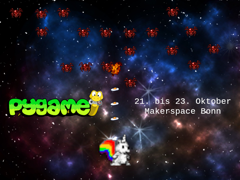 Arcade-Spiel, bei dem ein Eichhörnchen mit Regenbogenschwanz Spiegeleier auf Spinnen im Weltraum wirft